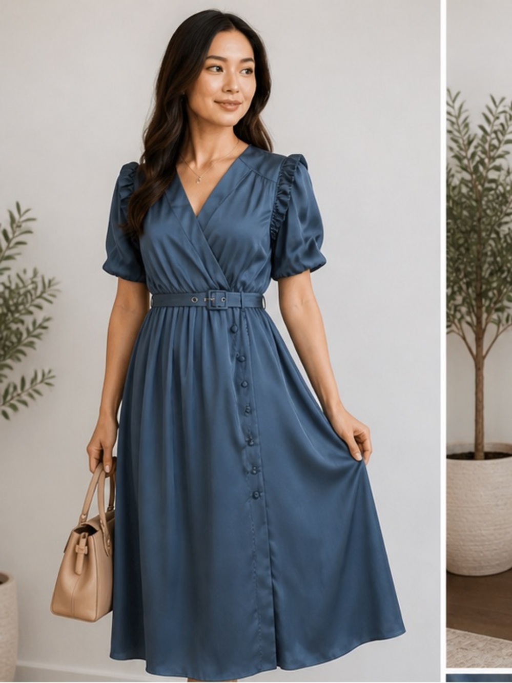 Kate Spade Blue Midi Dress Size 0 Belted Puff Sleeve Wrap Style A-Line